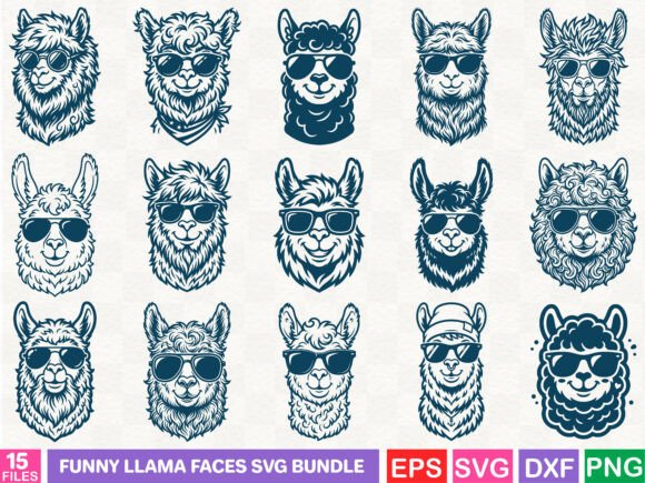 Funny Llama Faces SVG Bundle