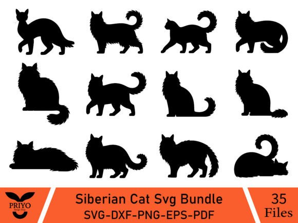 Siberian Cat Svg Bundle, Cat Silhouette